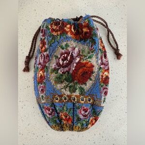 RARE 1890s Glass Beaded Cinch Bag w/Floral Pattern